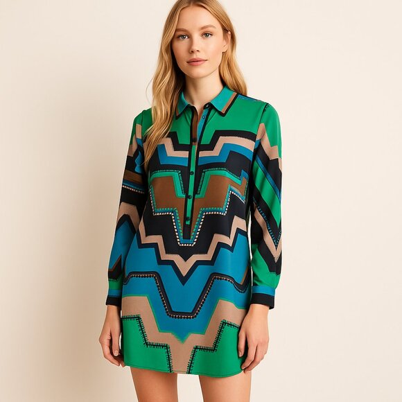 Collective Concepts Geometric Print Shirt Dress Green Blue Brown Long Sleeve M - Picture 1 of 9